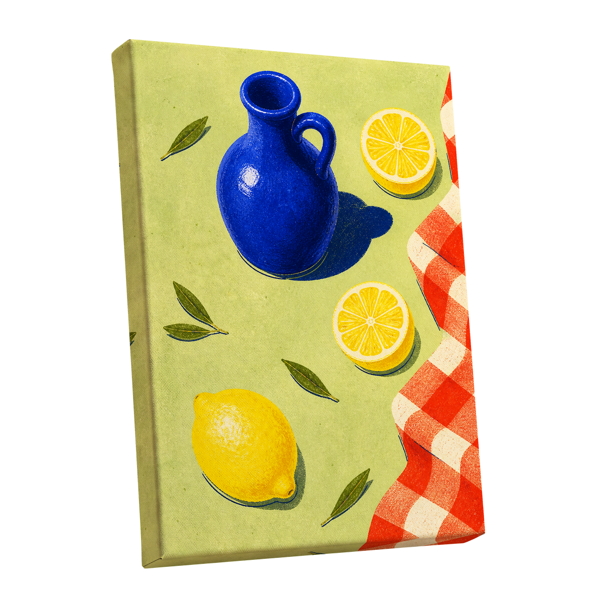 Cobalt Citrus Picnic, blue, yellow, green nature wall art shown as a stretched canvas wall art