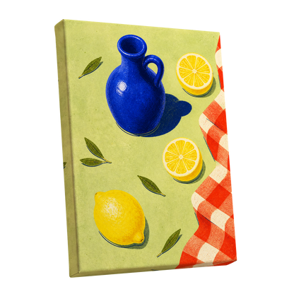 Cobalt Citrus Picnic, blue, yellow, green nature wall art shown as a stretched canvas wall art