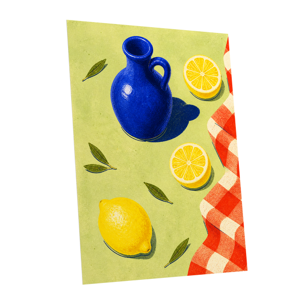 Cobalt Citrus Picnic, blue, yellow, green nature wall art shown as a unframed poster wall art print