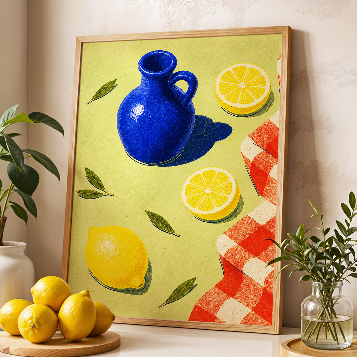 Cobalt Citrus Picnic, blue, yellow, green nature wall art displayed in a styled interior, gallery view 2