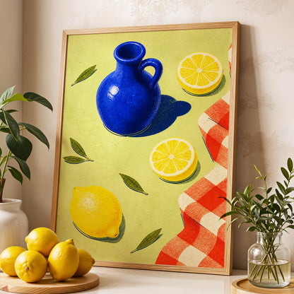 Cobalt Citrus Picnic, blue, yellow, green nature wall art displayed in a styled interior, gallery view 2