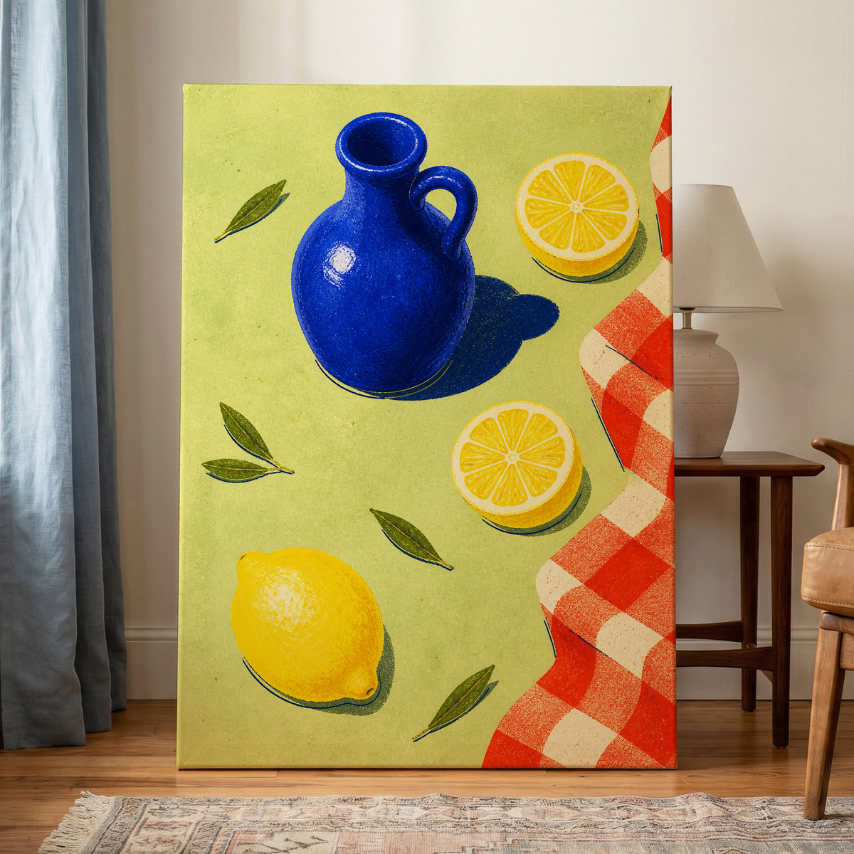 Cobalt Citrus Picnic, blue, yellow, green nature wall art displayed in a styled interior, gallery view 3
