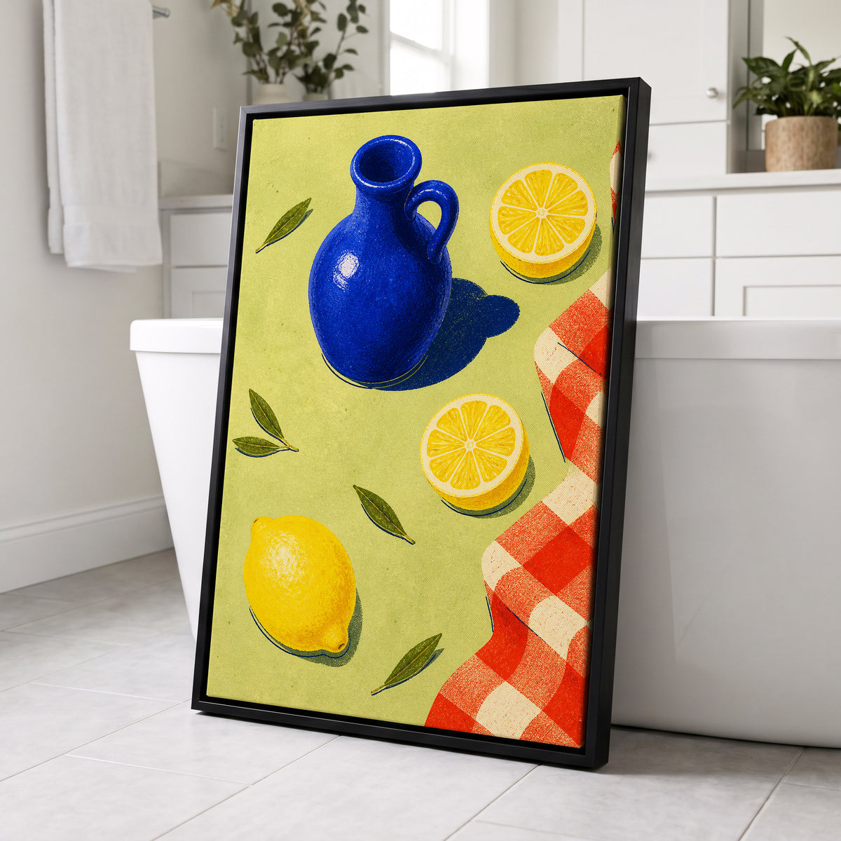 Cobalt Citrus Picnic, blue, yellow, green nature wall art displayed in a styled interior, gallery view 4