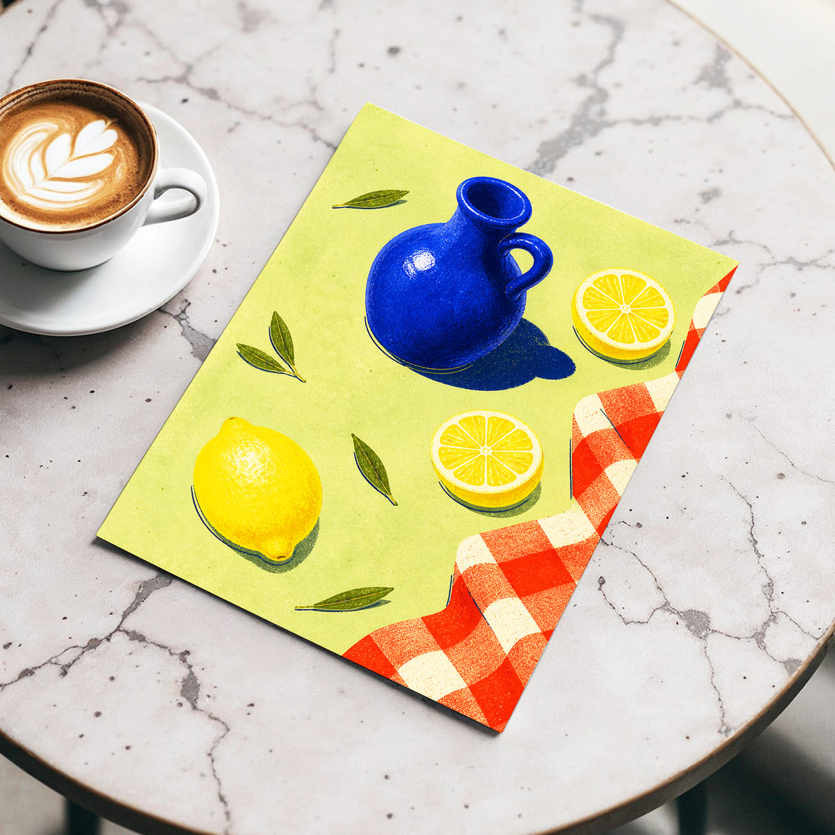Cobalt Citrus Picnic, blue, yellow, green nature wall art displayed in a styled interior, gallery view 5