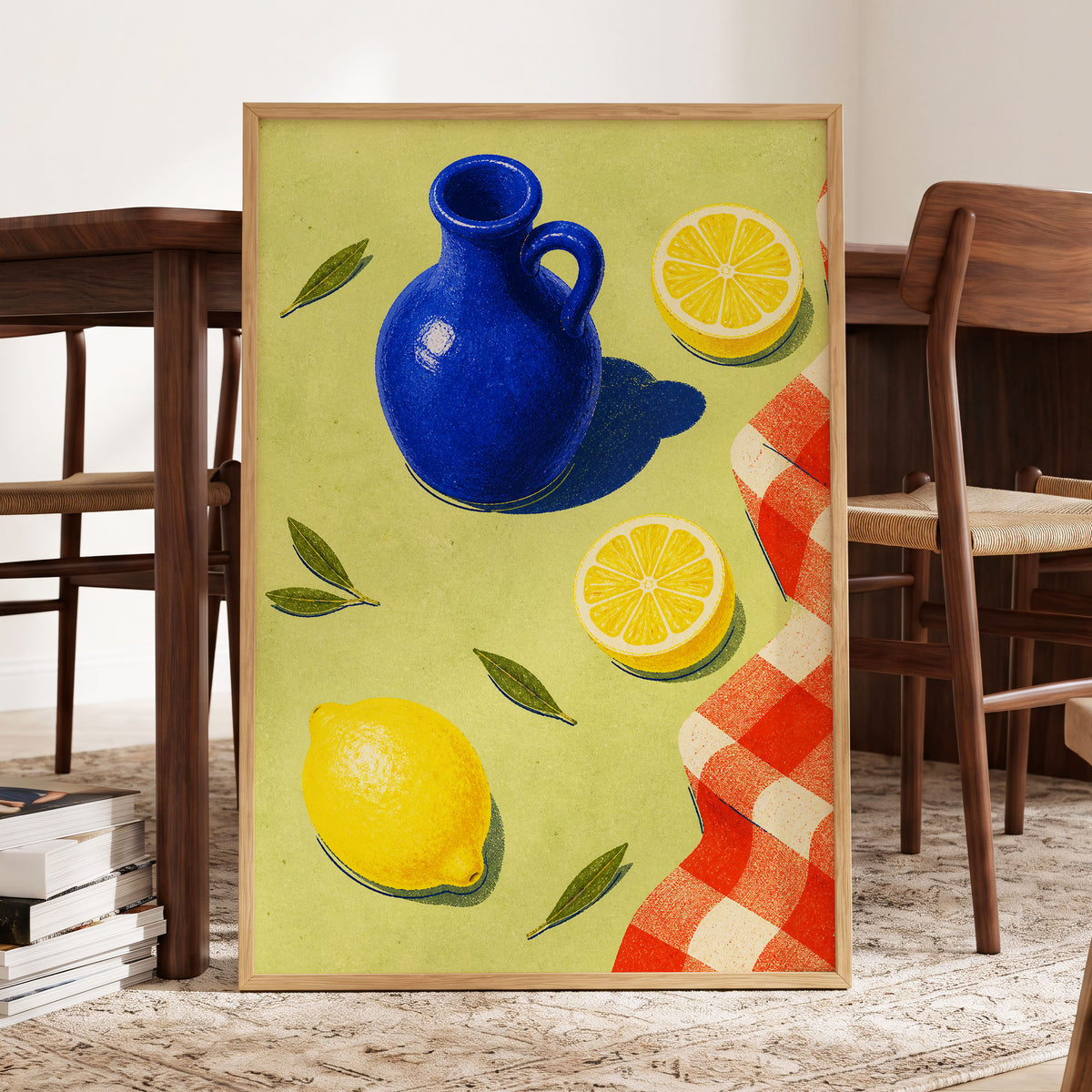 Cobalt Citrus Picnic, blue, yellow, green nature wall art displayed in a styled interior, gallery view 6