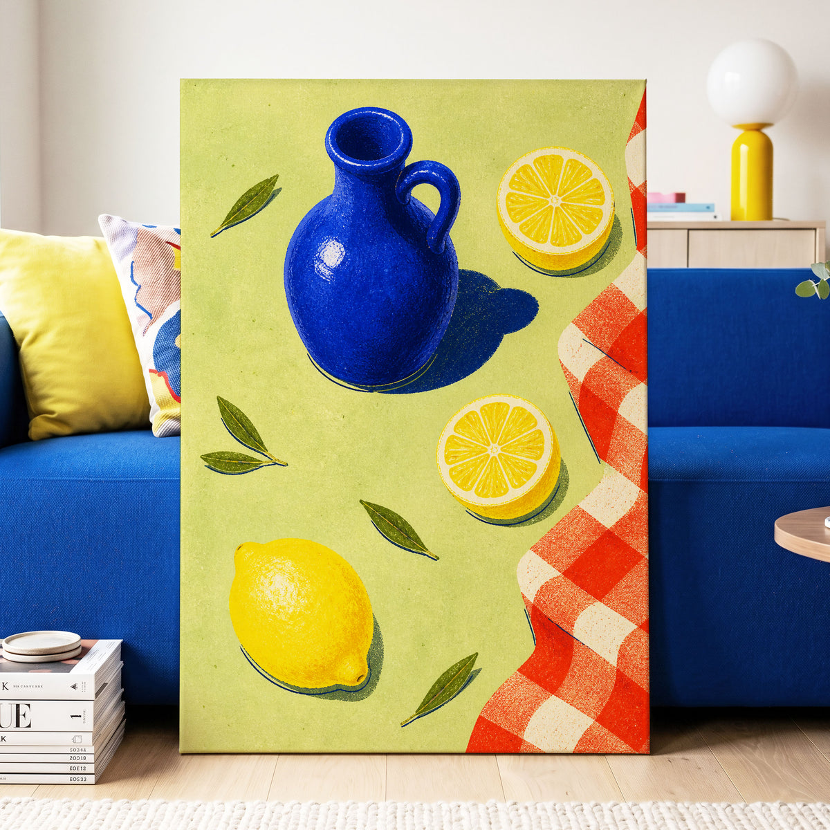 Cobalt Citrus Picnic, blue, yellow, green nature wall art displayed in a styled interior, gallery view 7