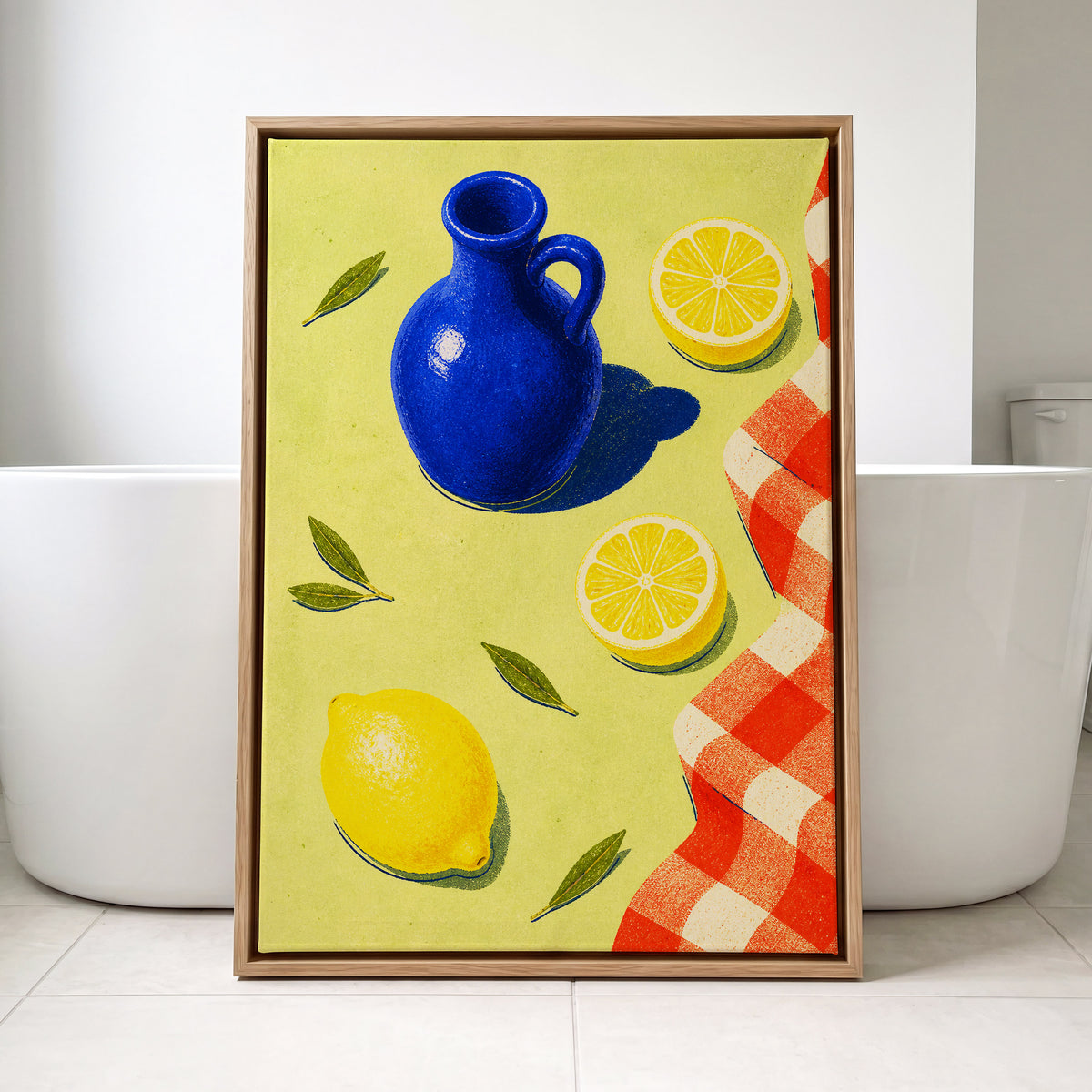 Cobalt Citrus Picnic, blue, yellow, green nature wall art displayed in a styled interior, gallery view 8