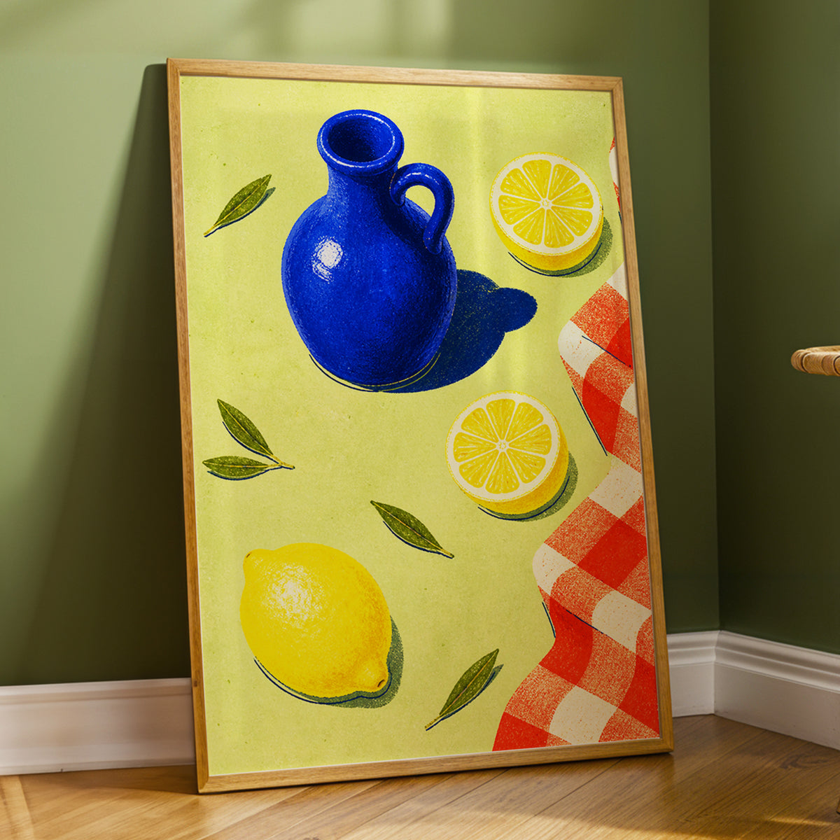 Cobalt Citrus Picnic, blue, yellow, green nature wall art displayed in a styled interior, gallery view 9