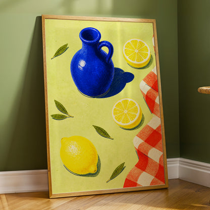 Cobalt Citrus Picnic, blue, yellow, green nature wall art displayed in a styled interior, gallery view 9