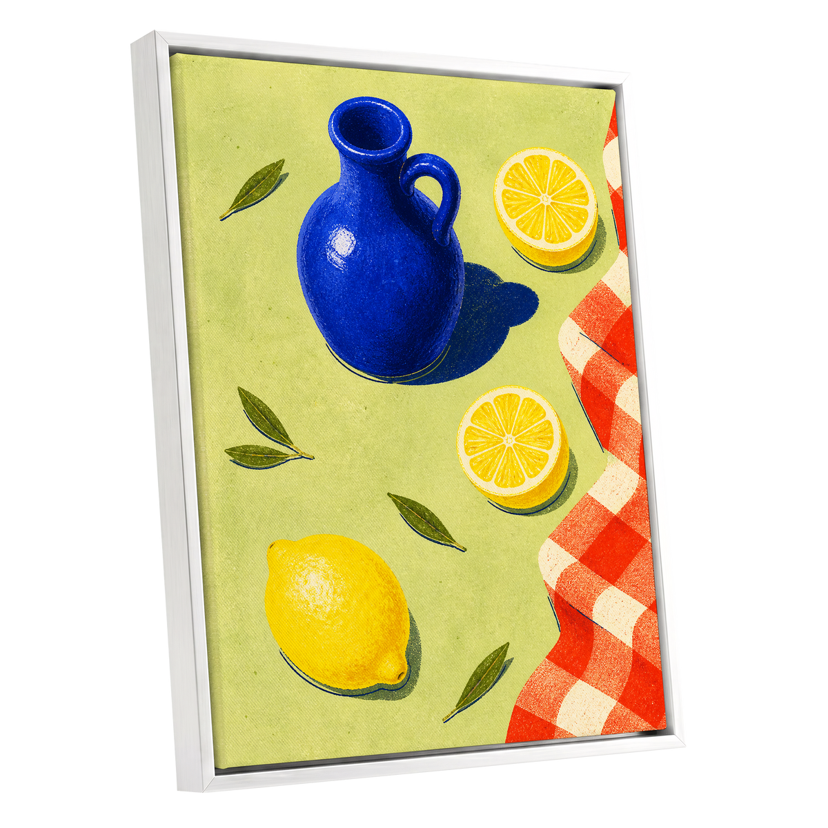 Cobalt Citrus Picnic, blue, yellow, green nature wall art shown as a white framed canvas wall art