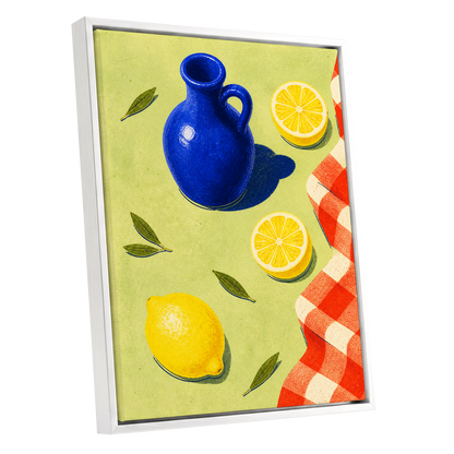 Cobalt Citrus Picnic, blue, yellow, green nature wall art shown as a white framed canvas wall art