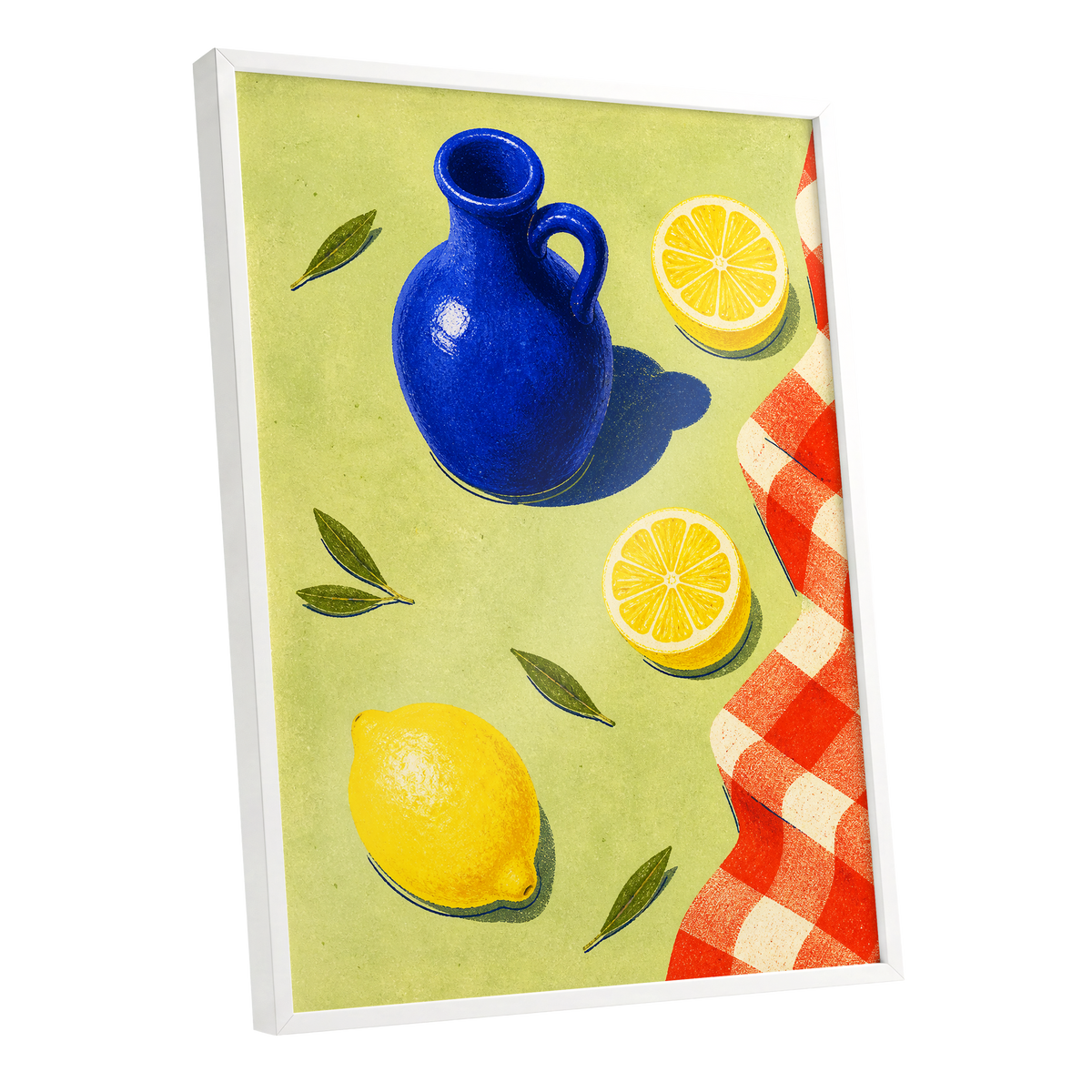 Cobalt Citrus Picnic, blue, yellow, green nature wall art shown as a white framed poster wall art print