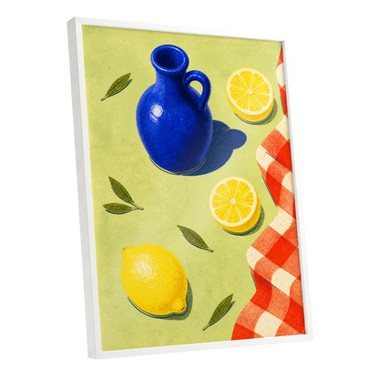 Cobalt Citrus Picnic, blue, yellow, green nature wall art shown as a white framed poster wall art print