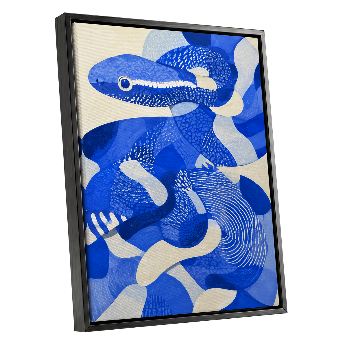 Cobalt Coils, blue, beige, white nature wall art shown as a black framed canvas wall art