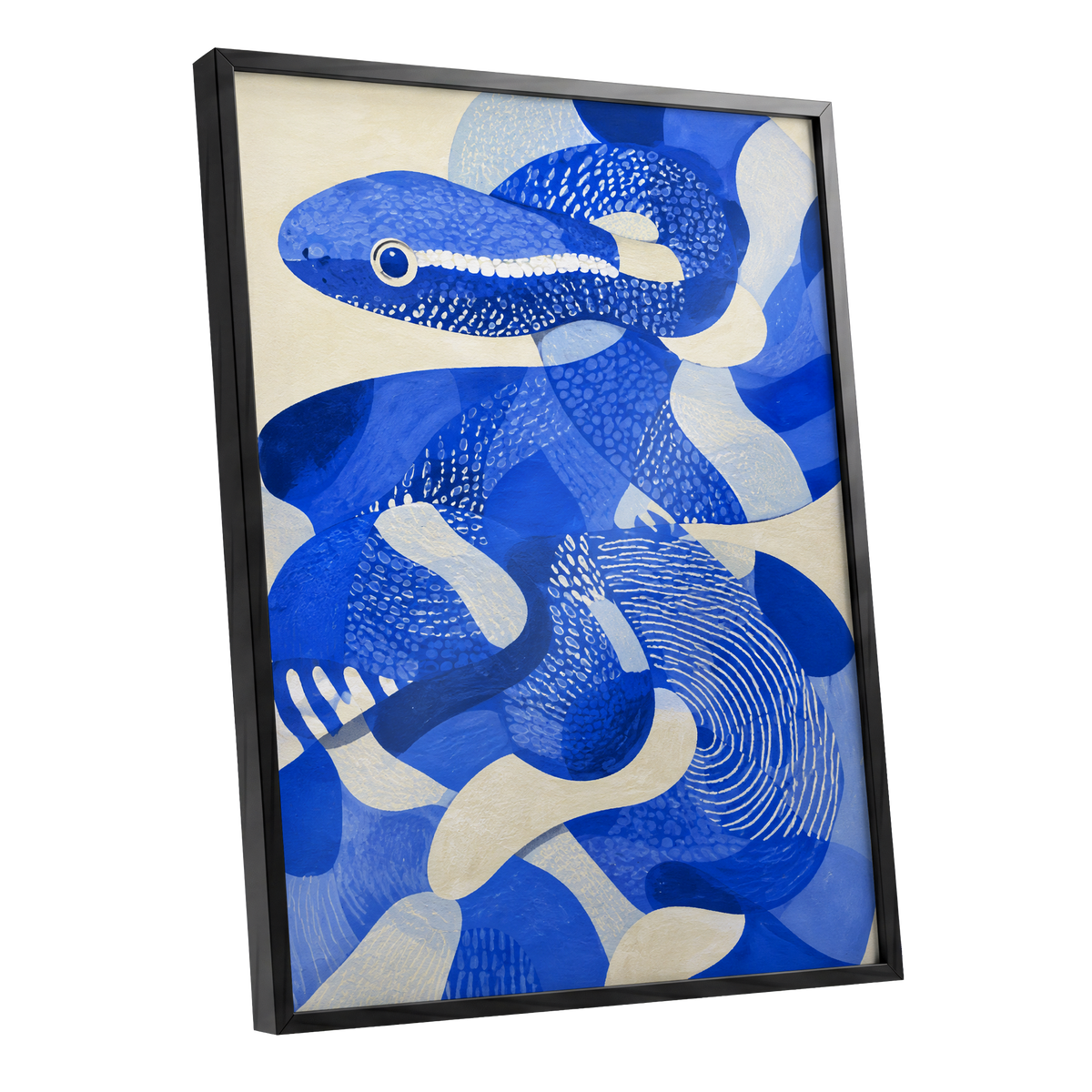 Cobalt Coils, blue, beige, white nature wall art shown as a black framed poster wall art print