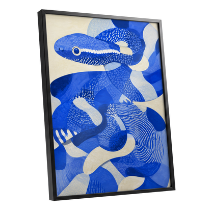Cobalt Coils, blue, beige, white nature wall art shown as a black framed poster wall art print