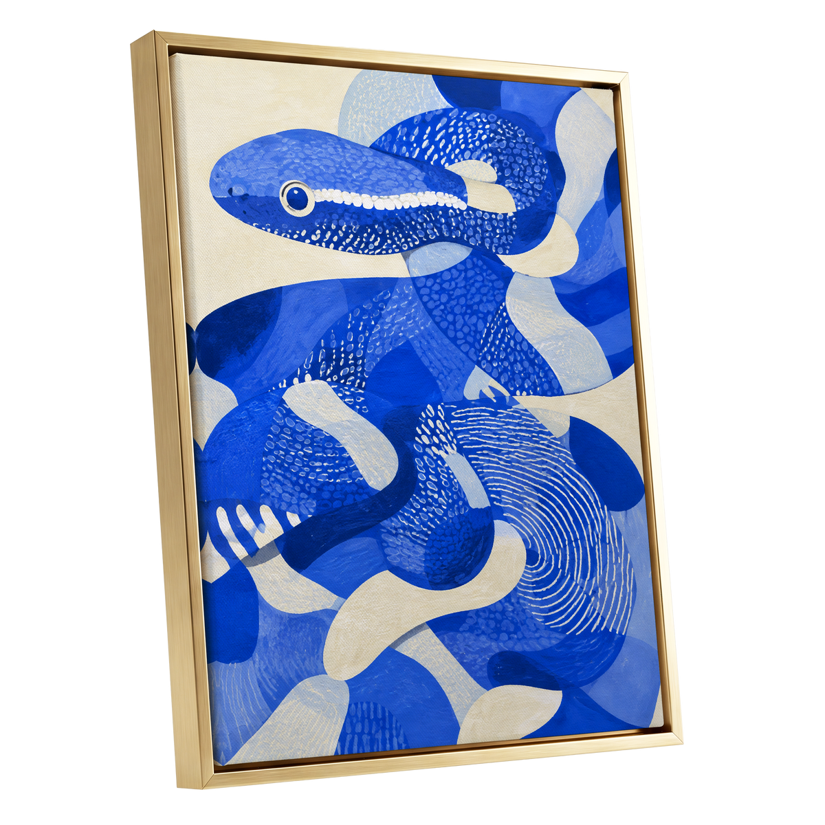 Cobalt Coils, blue, beige, white nature wall art shown as a gold framed canvas wall art