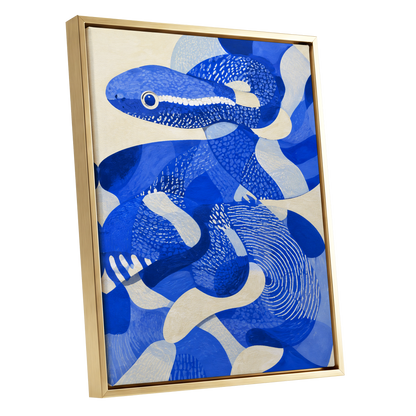 Cobalt Coils, blue, beige, white nature wall art shown as a gold framed canvas wall art