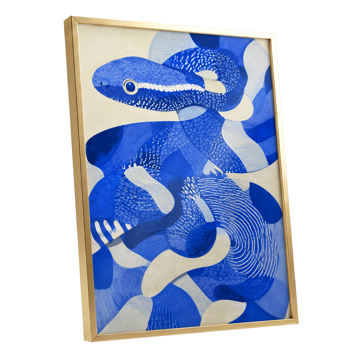 Cobalt Coils, blue, beige, white nature wall art shown as a gold framed poster wall art print