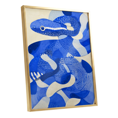Cobalt Coils, blue, beige, white nature wall art shown as a gold framed poster wall art print