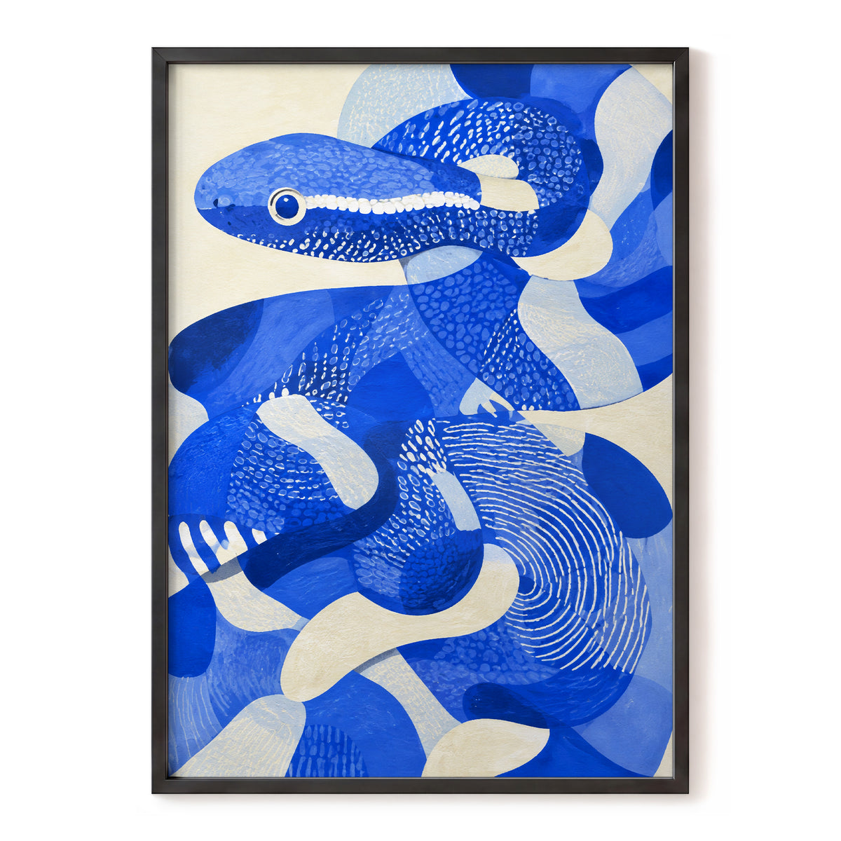 Cobalt Coils, blue, beige, white nature wall art, front artwork view