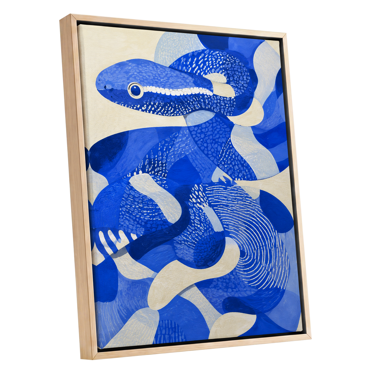 Cobalt Coils, blue, beige, white nature wall art shown as a oak framed canvas wall art