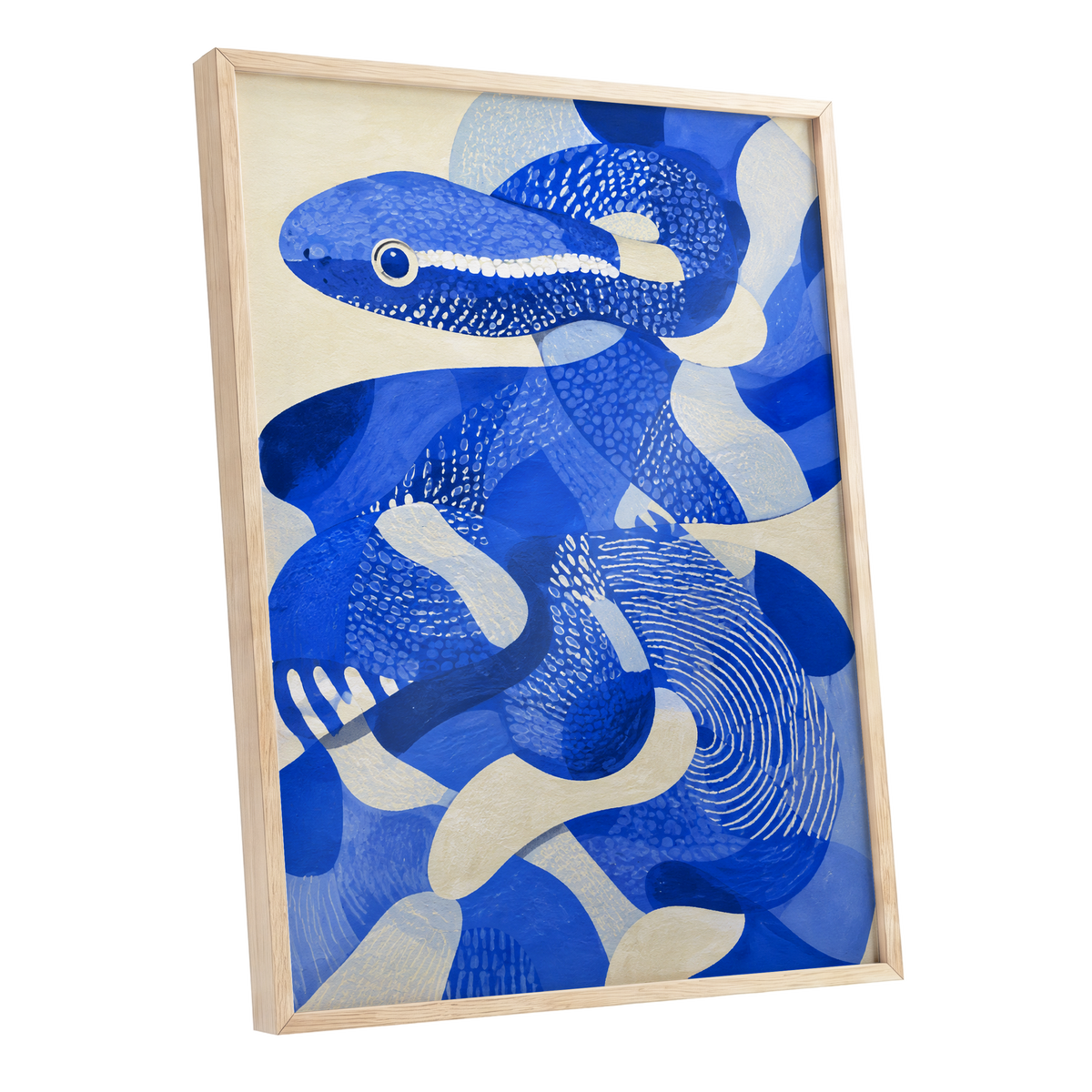 Cobalt Coils, blue, beige, white nature wall art shown as a oak framed poster wall art print