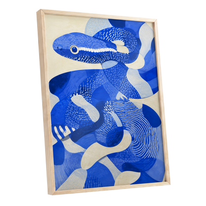 Cobalt Coils, blue, beige, white nature wall art shown as a oak framed poster wall art print