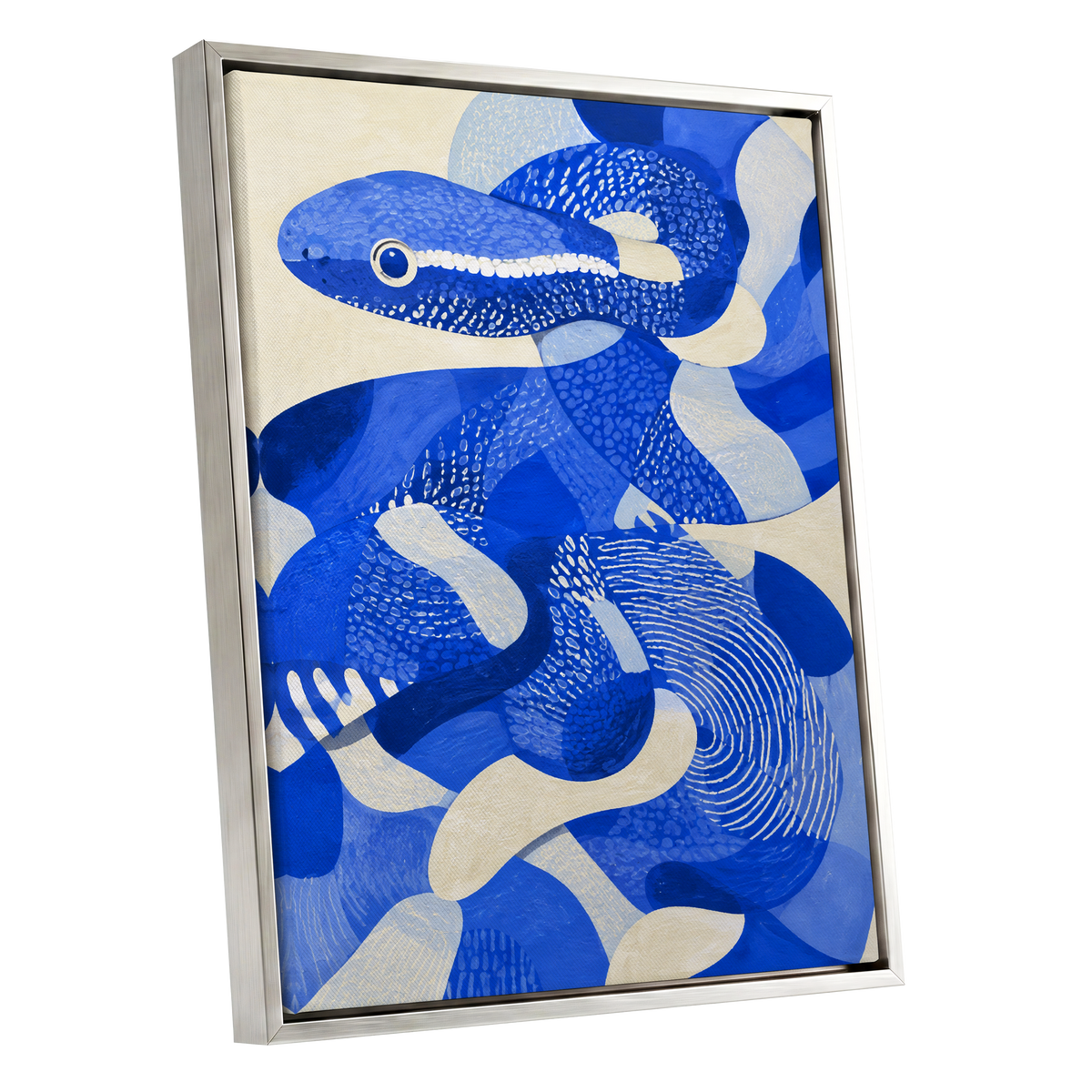 Cobalt Coils, blue, beige, white nature wall art shown as a silver framed canvas wall art