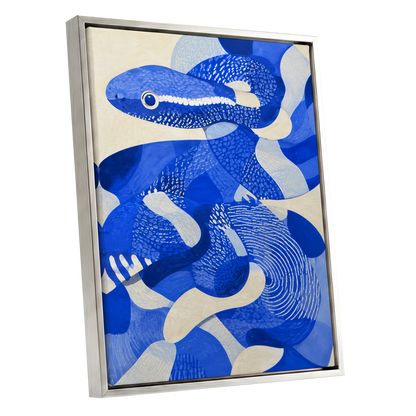 Cobalt Coils, blue, beige, white nature wall art shown as a silver framed canvas wall art