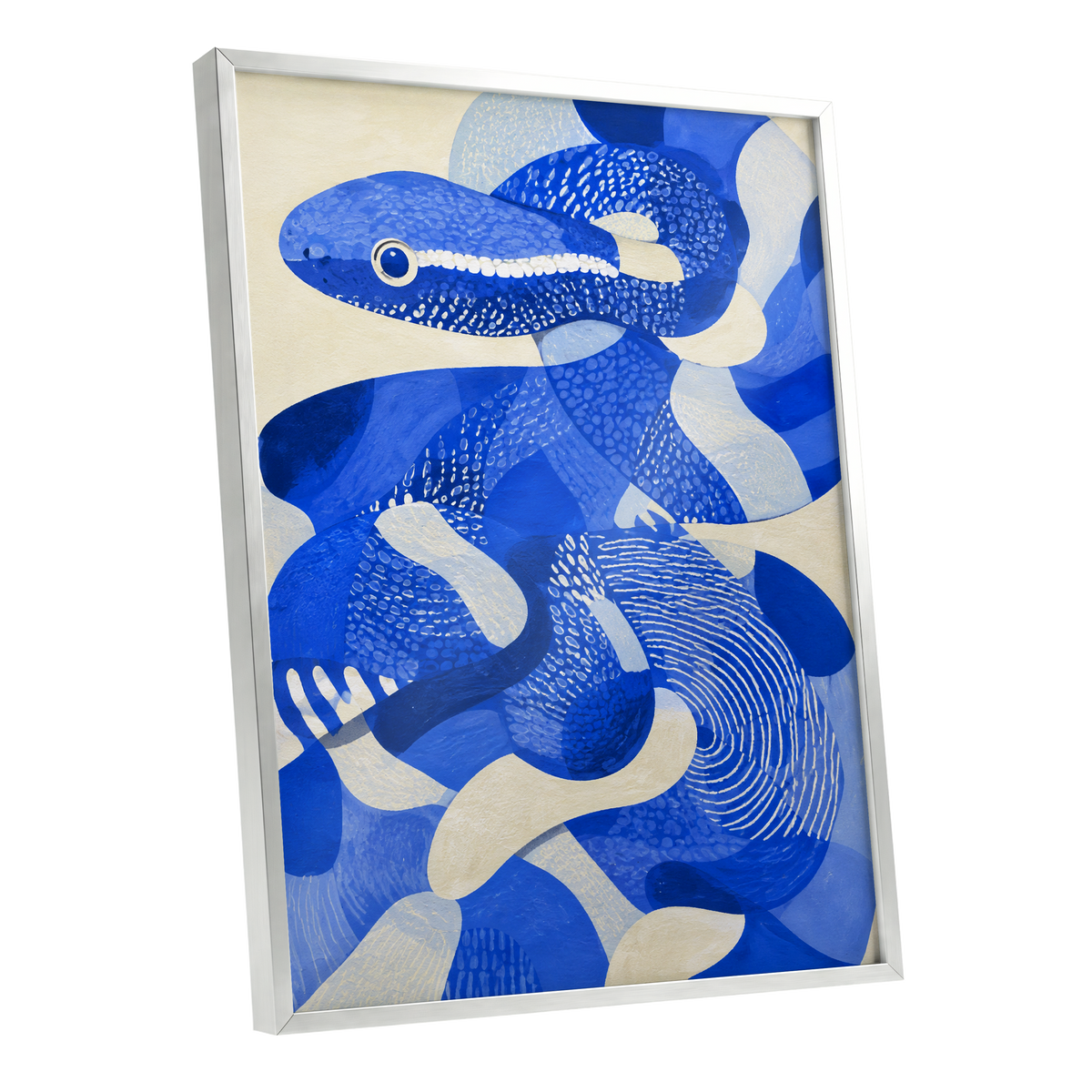 Cobalt Coils, blue, beige, white nature wall art shown as a silver framed poster wall art print