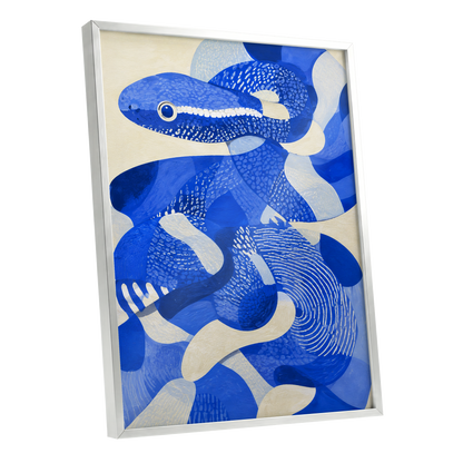 Cobalt Coils, blue, beige, white nature wall art shown as a silver framed poster wall art print