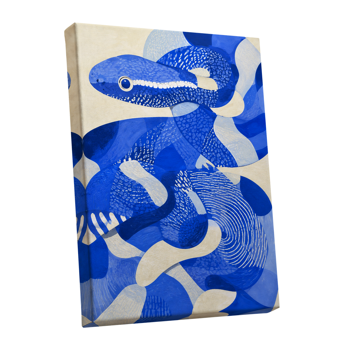 Cobalt Coils, blue, beige, white nature wall art shown as a stretched canvas wall art