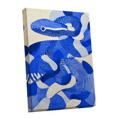 Cobalt Coils, blue, beige, white nature wall art shown as a stretched canvas wall art