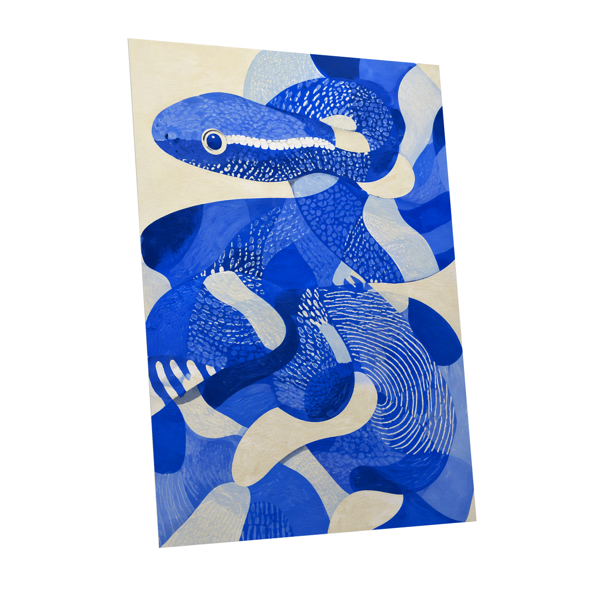 Cobalt Coils, blue, beige, white nature wall art shown as a unframed poster wall art print