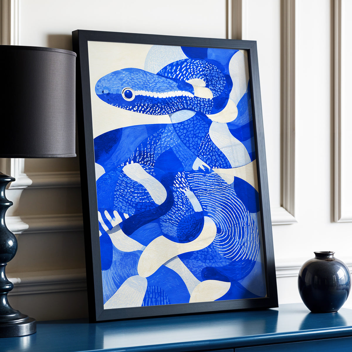 Cobalt Coils, blue, beige, white nature wall art displayed in a styled interior, gallery view 2