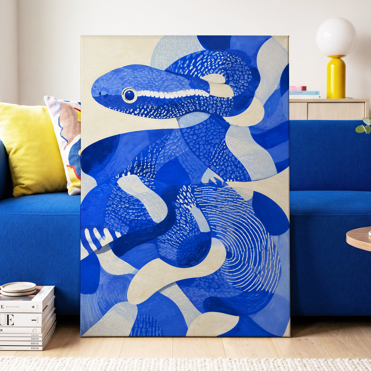 Cobalt Coils, blue, beige, white nature wall art displayed in a styled interior, gallery view 3