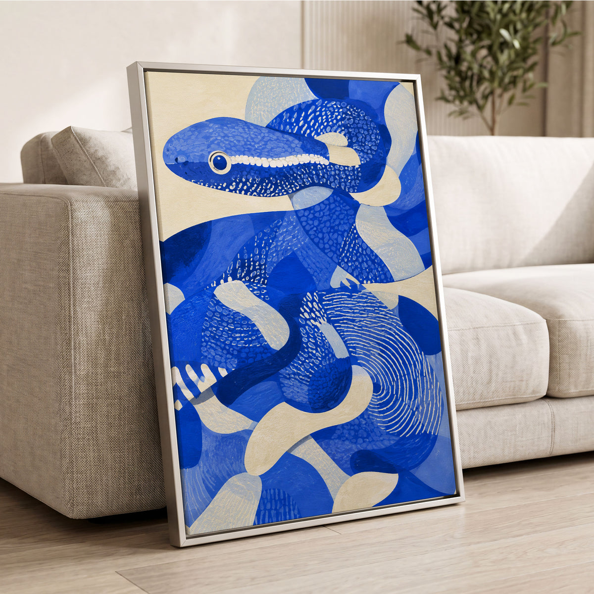 Cobalt Coils, blue, beige, white nature wall art displayed in a styled interior, gallery view 4