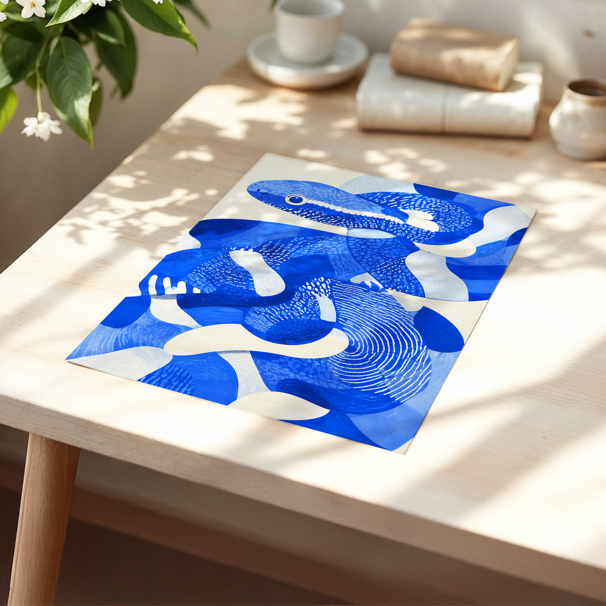 Cobalt Coils, blue, beige, white nature wall art displayed in a styled interior, gallery view 5