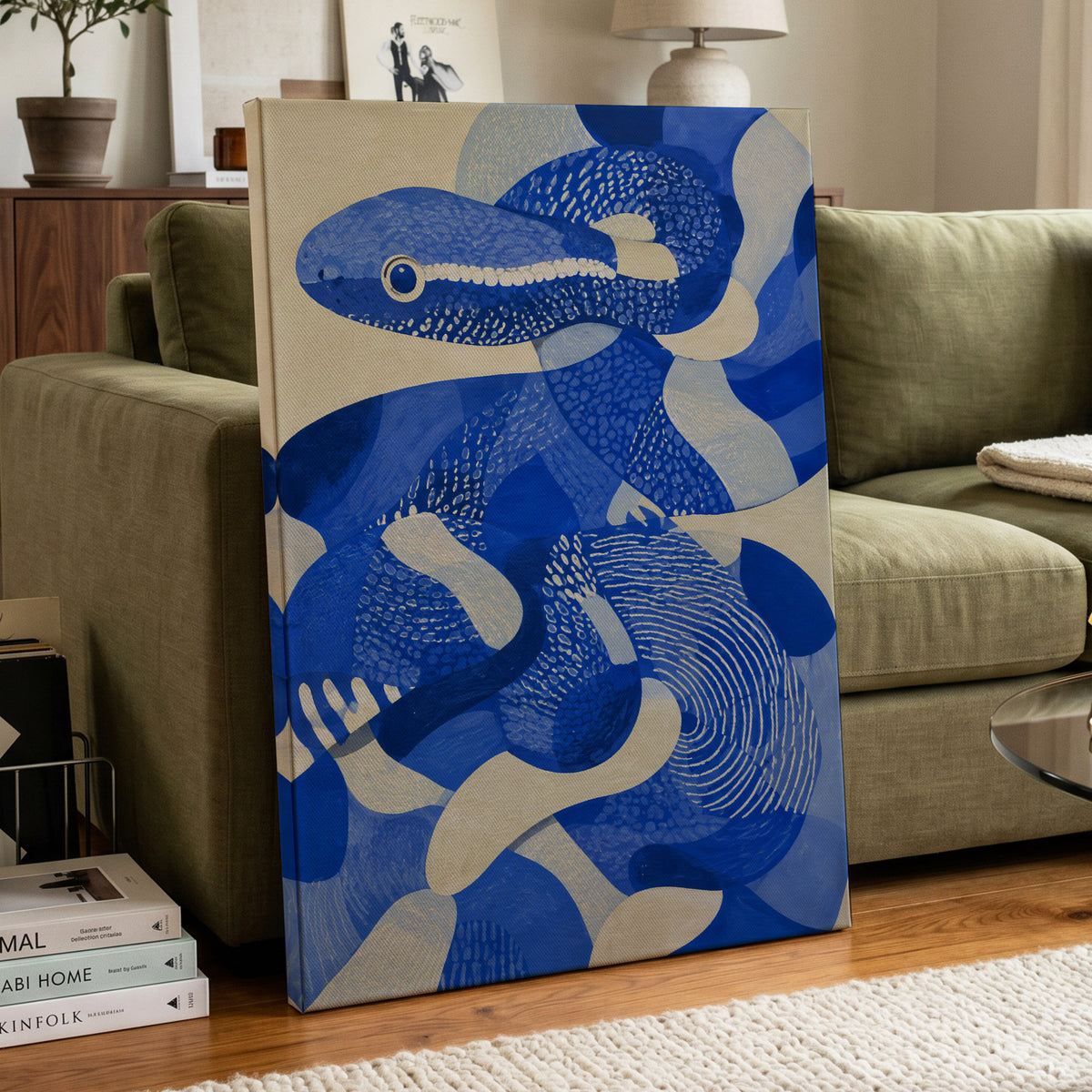 Cobalt Coils, blue, beige, white nature wall art displayed in a styled interior, gallery view 7