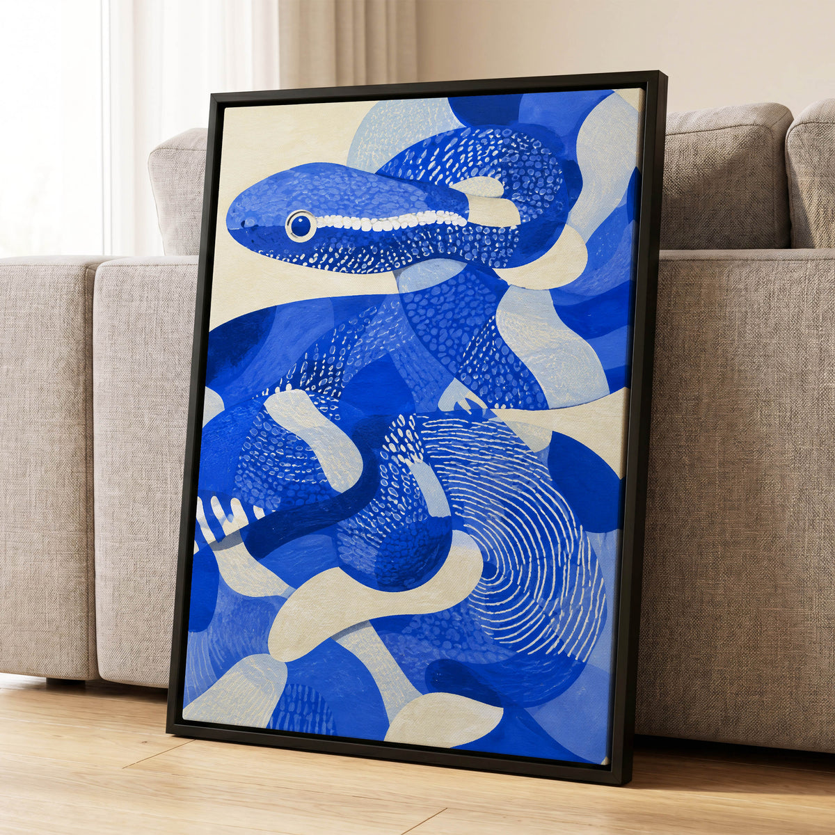 Cobalt Coils, blue, beige, white nature wall art displayed in a styled interior, gallery view 8