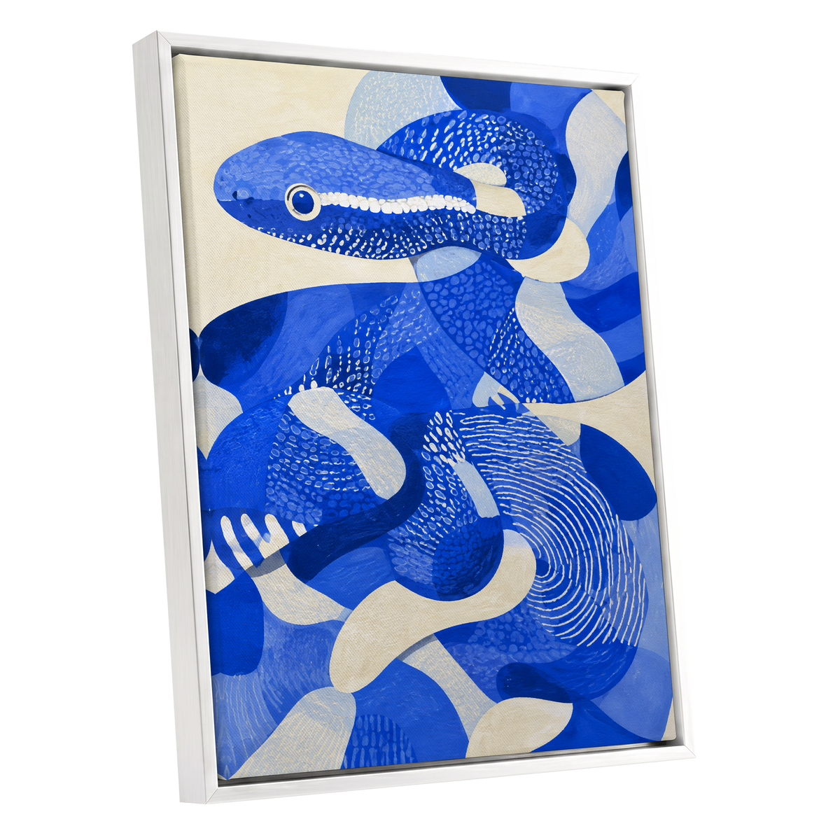 Cobalt Coils, blue, beige, white nature wall art shown as a white framed canvas wall art