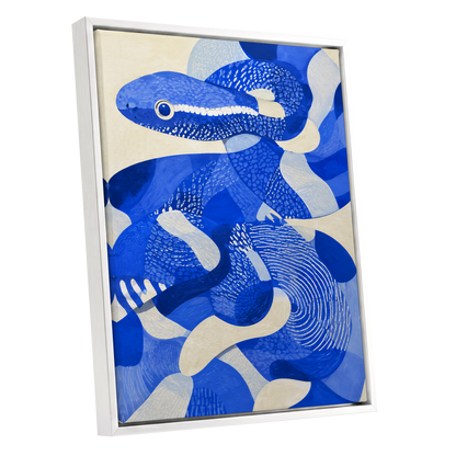 Cobalt Coils, blue, beige, white nature wall art shown as a white framed canvas wall art