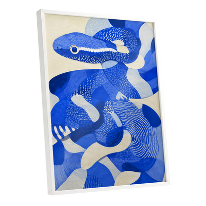Cobalt Coils, blue, beige, white nature wall art shown as a white framed poster wall art print