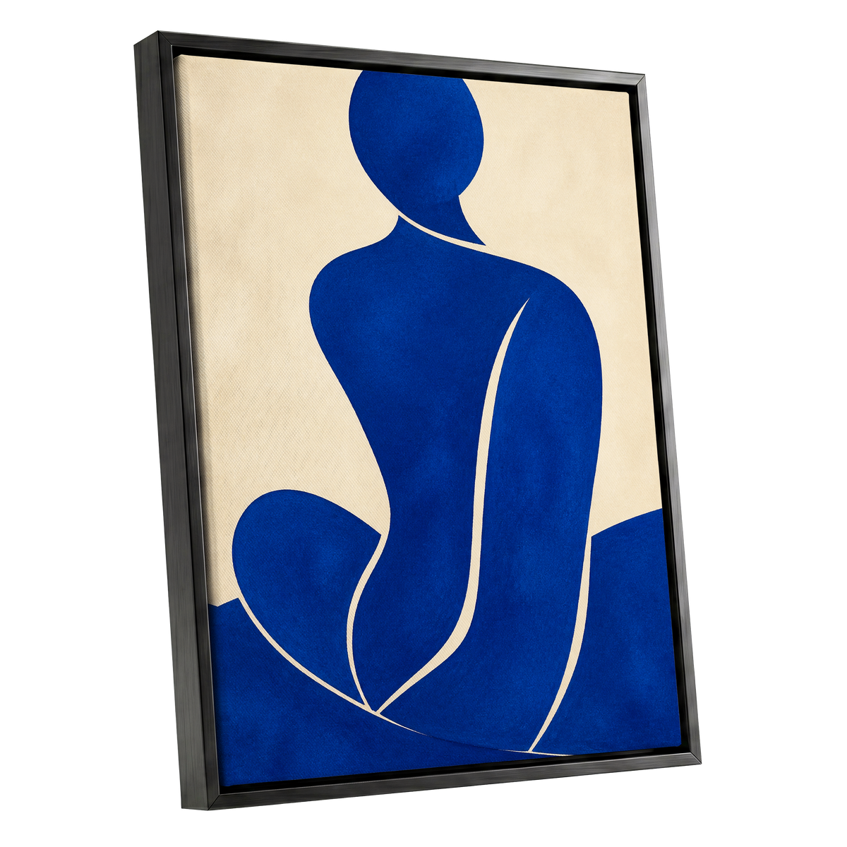Cobalt Contours, blue, beige, yellow minimalist wall art shown as a black framed canvas wall art