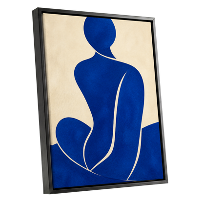 Cobalt Contours, blue, beige, yellow minimalist wall art shown as a black framed canvas wall art