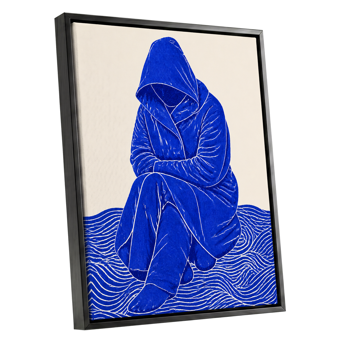 Cobalt Contours, blue, beige, white minimalist wall art shown as a black framed canvas wall art