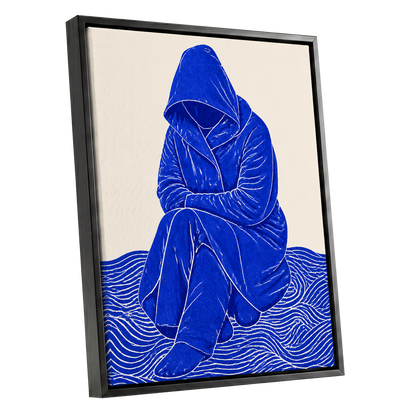 Cobalt Contours, blue, beige, white minimalist wall art shown as a black framed canvas wall art