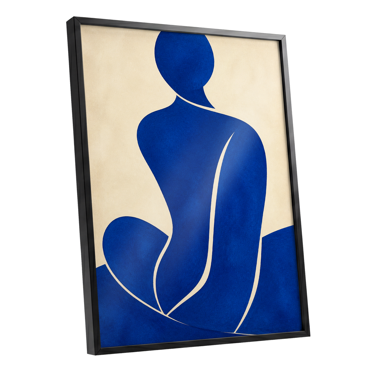 Cobalt Contours, blue, beige, yellow minimalist wall art shown as a black framed poster wall art print