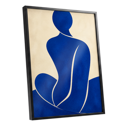 Cobalt Contours, blue, beige, yellow minimalist wall art shown as a black framed poster wall art print